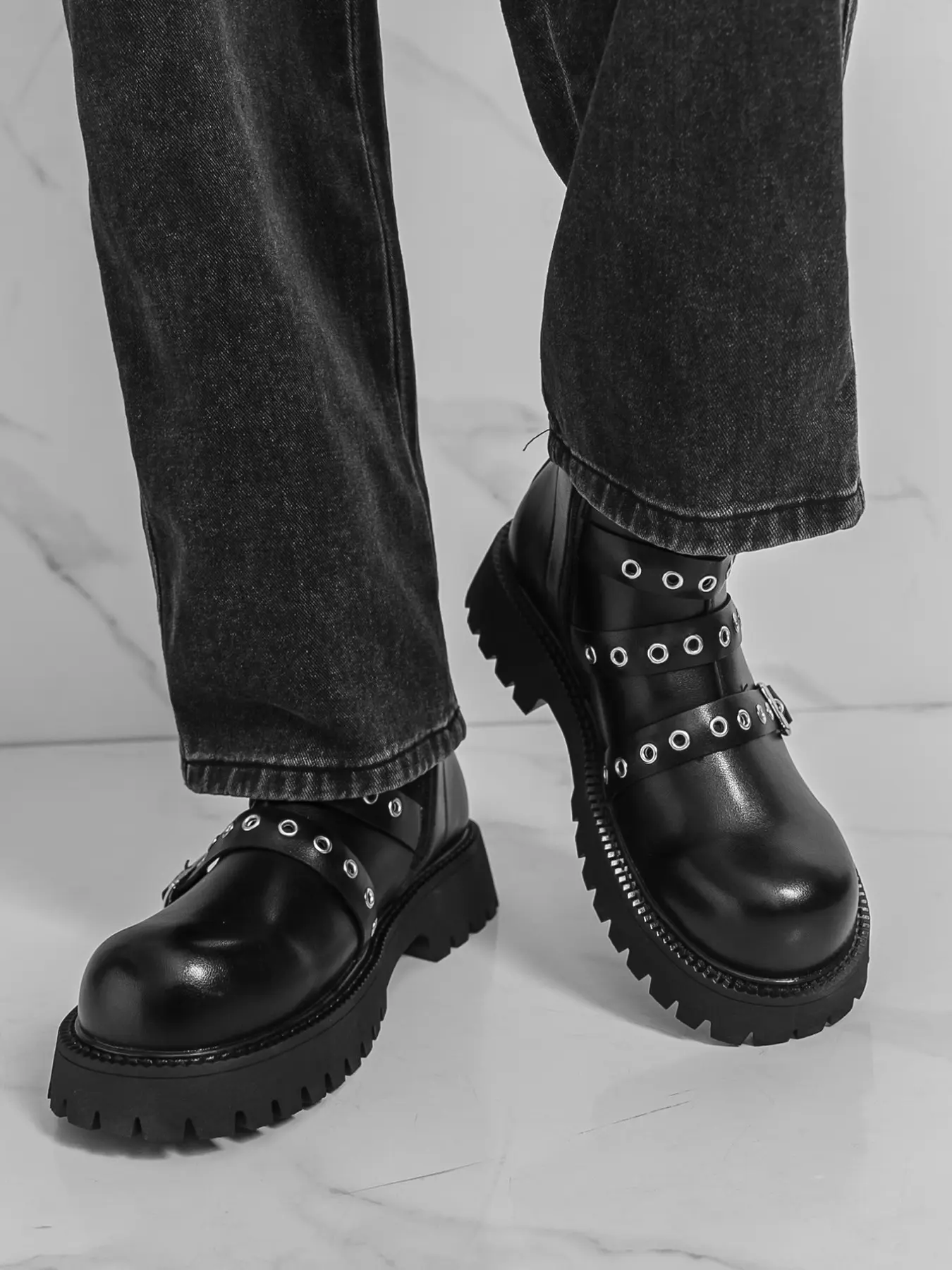 Men's Fall Winter Thick Sole Motorcycle Combat Boots, Belt Buckle Decor, Punk Style, Mid-Calf Height, Trendy Fashion Shoes, Fashionable Motorcycle Boots, Footwear Boot