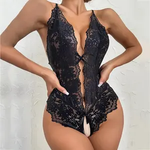 New Lace Hollow Out Crotchless Bodysuit Back Cross Sexy Lingerie for Women Womenswear Comfort Basic Black