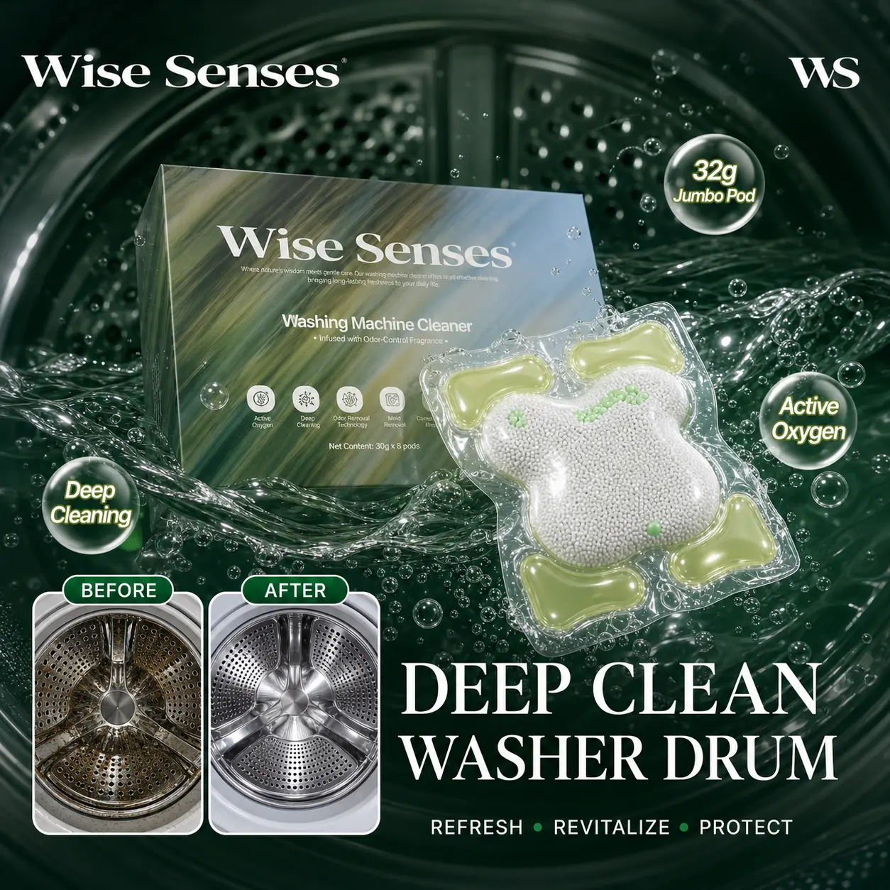 Wise Senses 32g Jumbo Washing Machine Cleaner Pods, 8 Count, 2-in-1 Deep Clean & Deodorizing Washer Cleaner, Helps Remove Pet Hair Residue, Musty Odor & Grime, Scented Descaler for All Washer Types Household，ultimate solution