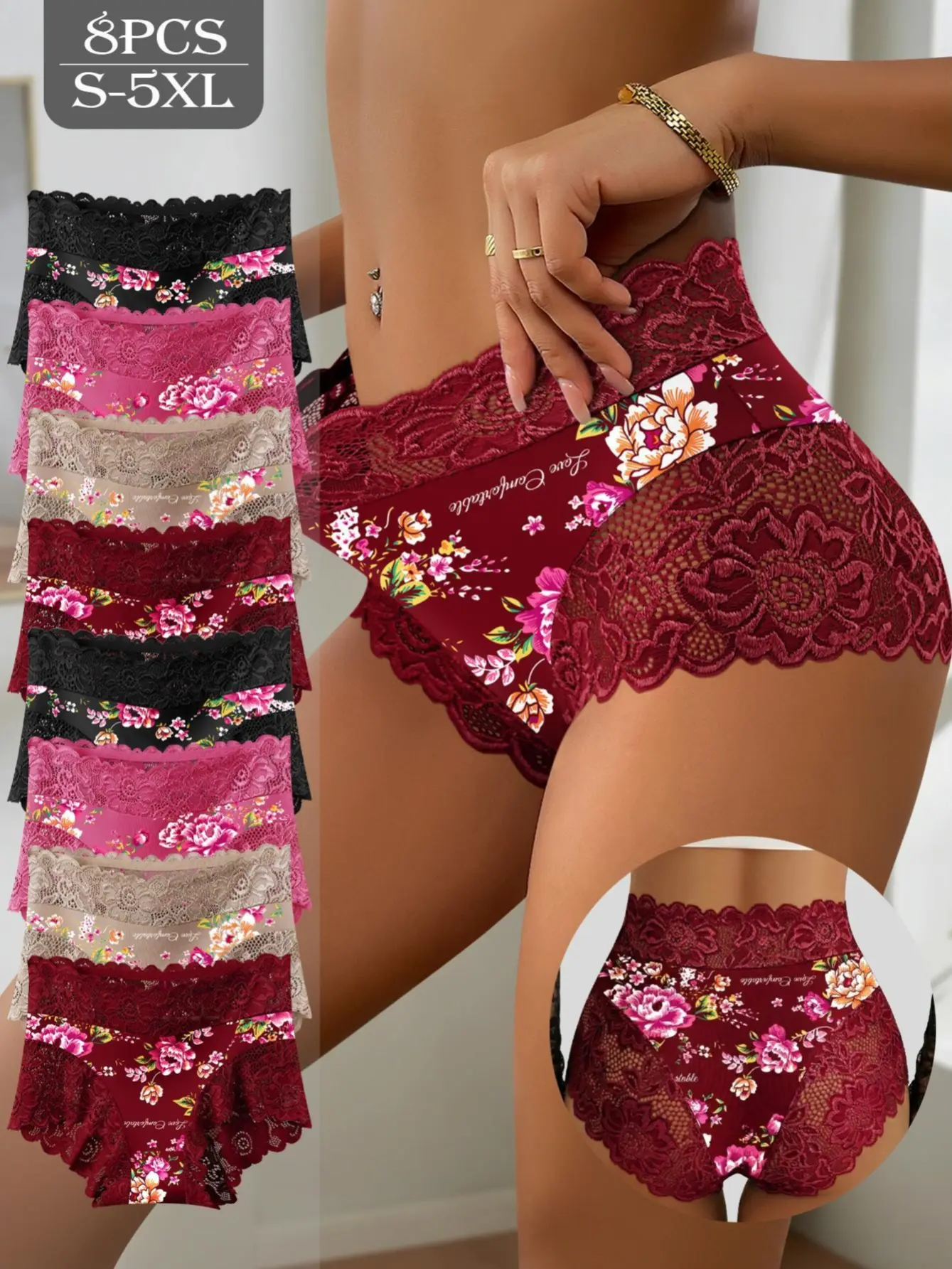 4/8 Pack Women's High Waist Briefs Panties, All‑Over Floral Print Lace Gentle Tummy Control Full Coverage Underwear, Soft Stretch Comfortable Breathable Lightweight Silky Smooth Skin-friendly Fabric, Essential Daily & Romantic Date Wear, S-5XL,Summerwins