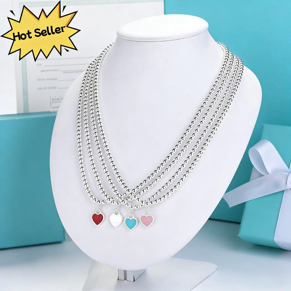 Women's Elegant Long Colorful Enamel Heart Pendant Chain Necklace - Retro Casual Unisex Fit, Adjustable Beads Chain, Daily Jewelry Gift