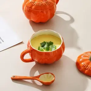 Ceramic Small Pumpkin Cup Set, Water Mug, Breakfast Bowl with Lid, Oatmeal Bowl, Noodles Bowl, Steamed Egg Bowl, Ceramic Food Bowl, Durable Kitchenware, Tableware