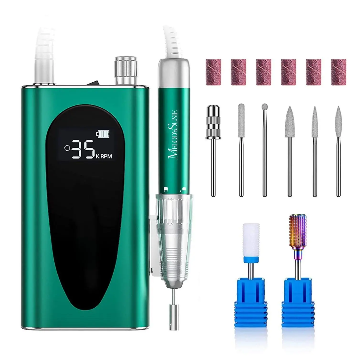 MelodySusie Sparkle Plus 35000RPM MM400C Nail Drill Professional Rechargeable Cordless with 8 Bits for Acrylic Gel Nails Removal Low Noise Heat Green