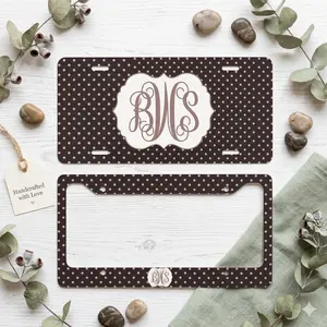 Brown Polka Dot Monogram License Plate & Frame Personalized Car Tag Preppy Aesthetic Car Accessories Cute Neutral Gift for Women