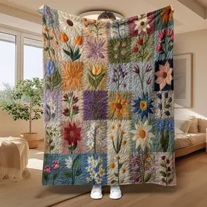 1PC Floral Pattern Patchwork Quilted Throw Blanket, Soft Comfortable Warm Napping Blanket, Cool Bedroom Bedding Blankets for Home Office Travel Dormitory