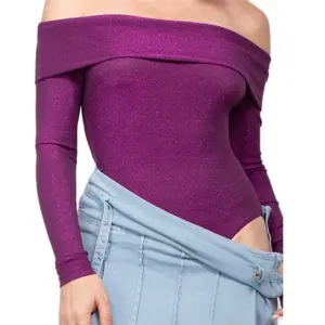 Off the Shoulder Glitery Bodysuit - Shimmer Long Sleeve Top for Stylish Wear