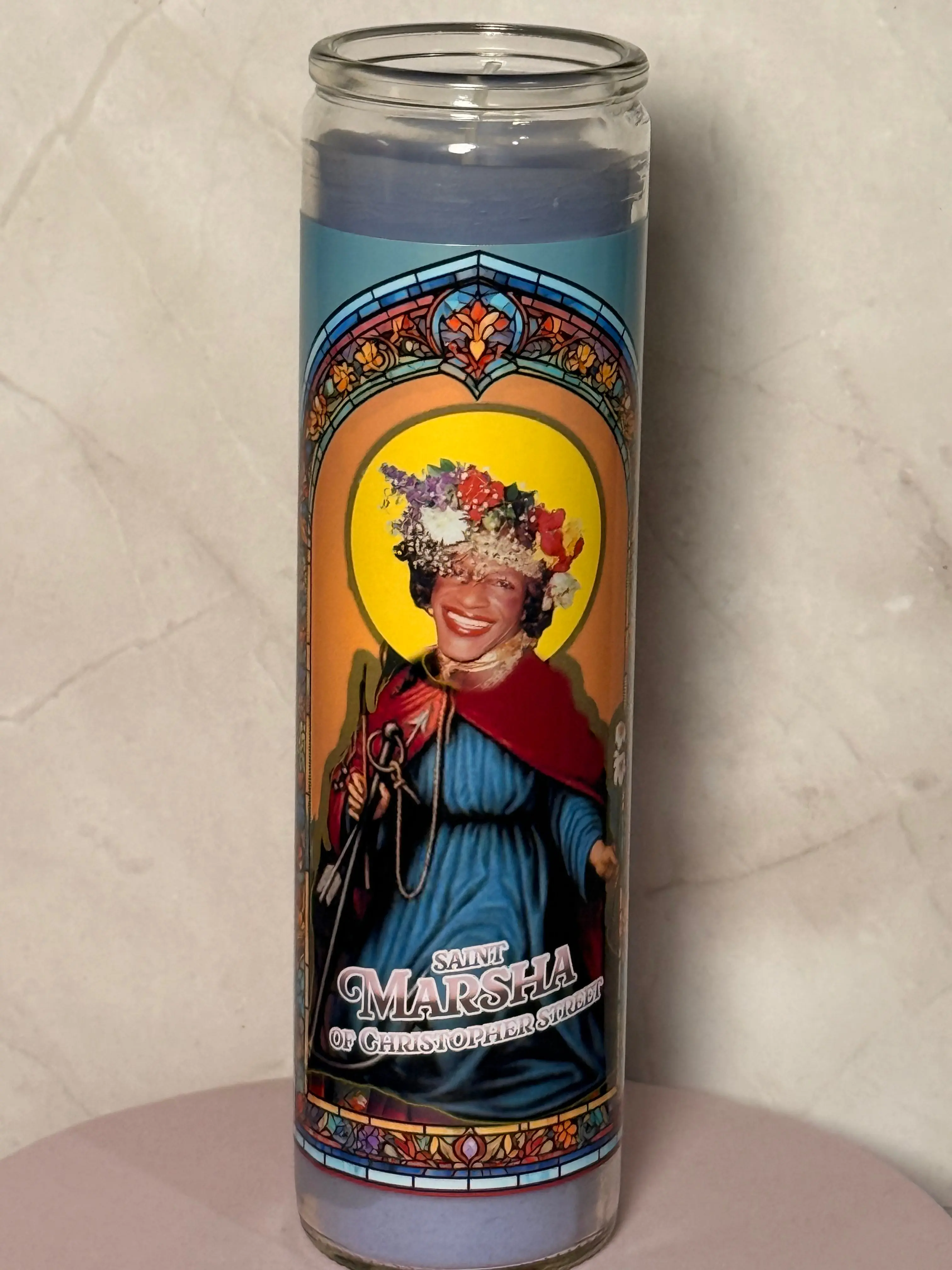 St. Marsha Christopher Street Saint Glass Jar Prayer Candle, 8 in Gift Candle with Warm Glow for Home Decor