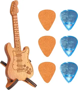 Wooden Guitar Pick Holder with Stand, Wooden Electric Guitar Styling Box with 3  Picks and 3 Non-slip Celluloid Guitar Picks, Guitar Pick Storage Box Set for Guitar, Bass, Ukulele Players