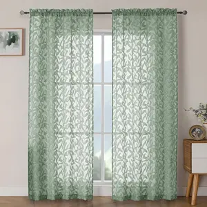 OWENIE Sage Green Sheer Curtains 84”, 2 Panels Leaf Jacquard Design, Soft Light Filtering Drapes for Bedroom & Living Room