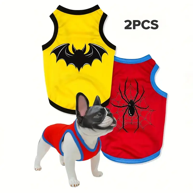 2 Pack Spider and Bat Print Pet Vests for Flea Prevention and Shedding Control, Indoor and Outdoor Use, Insulated and Breathable Design