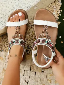 Bohemian Floral Beaded Soft-Sole Sandals for Women, 2025 New Retro Woven Roman Shoes, Vacation Style Non-Slip Flats