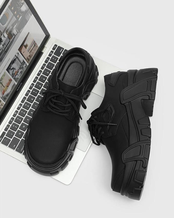 Chunky Derby Shoes Men's All-Black｜Mecha Design Matte Leather Dark Streetwear Outfits