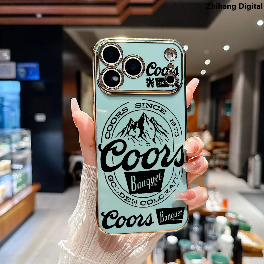 Coors Banquet Pattern Glam Premium Electroplated Golden Straight Edge Protective Cellphone Case for iPhone 17 Pro Max/16 Plus/15/14/13/12/11, Customized Silicone Mobile Accessory with Military-Grade Shockproof Non-Slip Durability