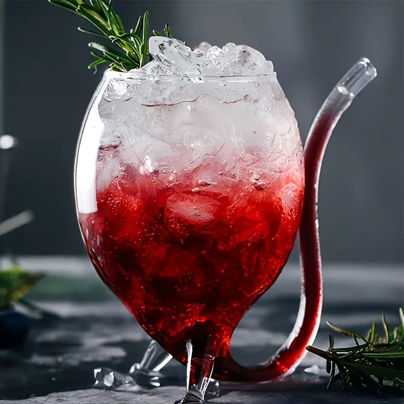 1/2/4 Creative Curved Mouth Vampire Glass Cup, Creative Glass Cup, Decanting Glass Mug with Built in Straw, Suitable for Juice, Ice Cream, Champagne, Party Supplies, Restaurant, Cafe, Bar Drinking Utensils
