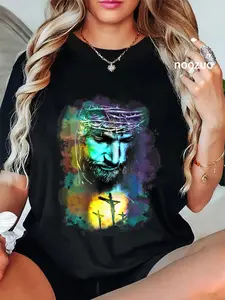 100% Cotton Unisex Jesus Christ Cross Religious Picture Christian Art Print T-Shirt Christ Christian Tops