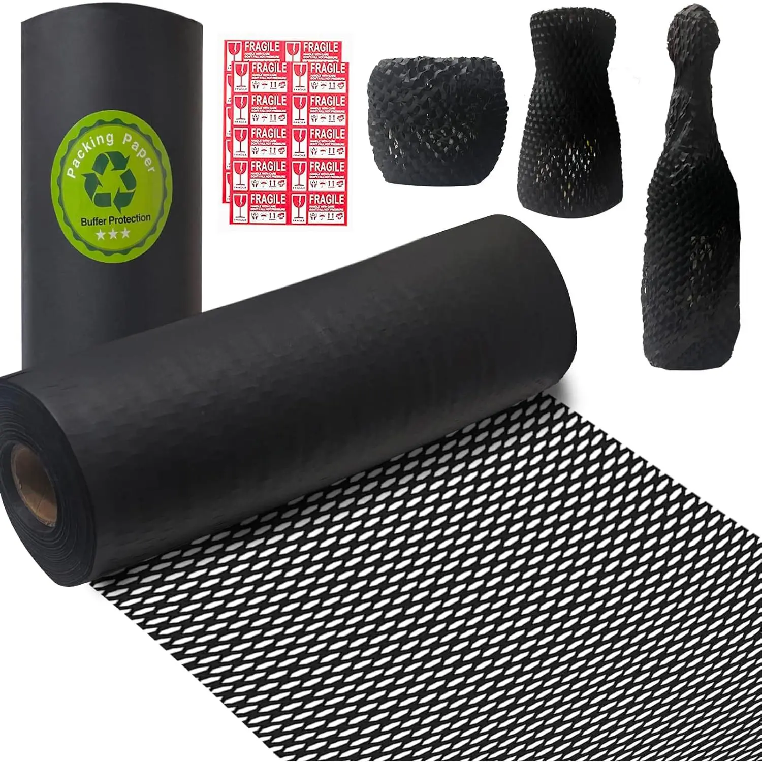 Honeycomb Packing Paper,  15 Inches x 230   Recyclable Cushioning Material, Bubble Wrap for Moving Shipping Breakable Supplies with 20 Fragile Sticker Lables (Black)
