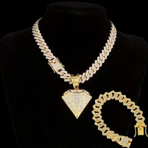 Cuban Chain Necklace with Cuban Bracelet Set - Hip Hop & Punk Style Pendant for Men and Women - Christmas Gift or Valentine's Day Gift Cubanchain Moissanite Jewelry Men