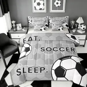 Soccer Ball Bedding Set,Grey Football Comforter Set,7 Piece Modern Soccer Field Bed in A Bag for Kids Girls Women Football Sports Ball Game Quilt with Flat Fitted Sheet