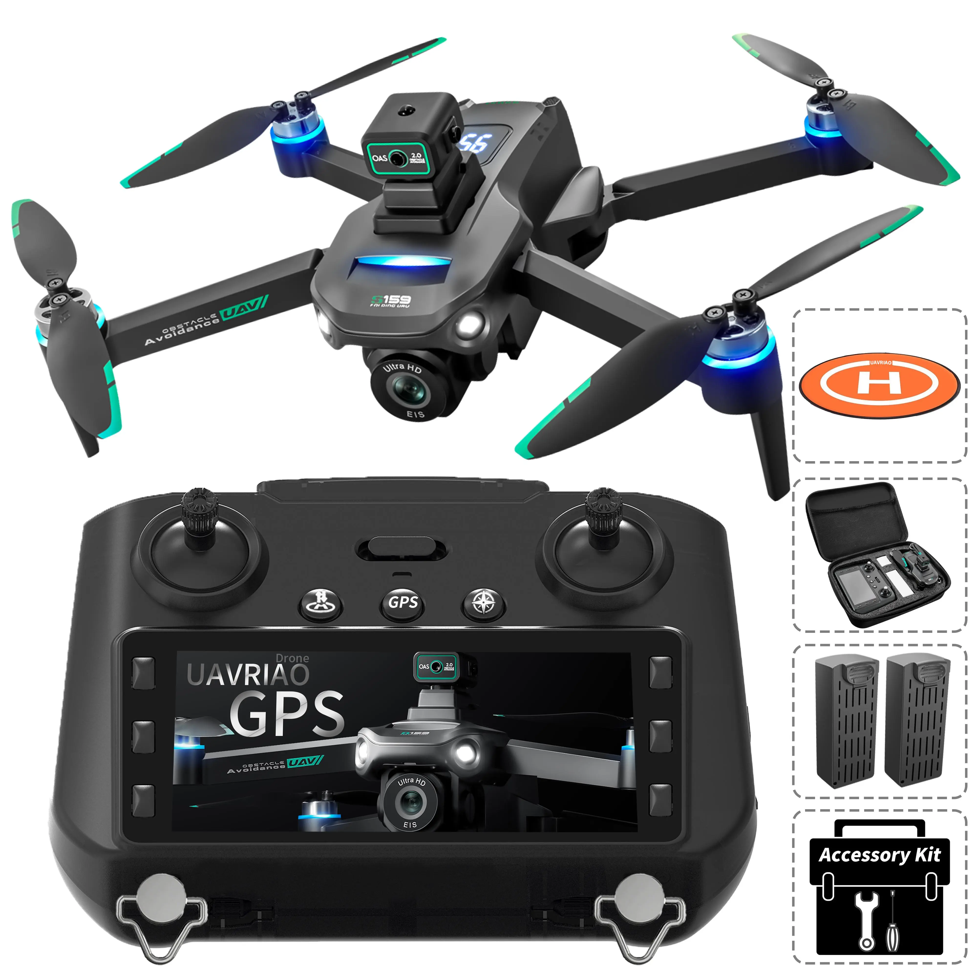 UAVRIAO Foldable RC Drone with Screen Controller, GPS Auto Return, HD Camera, 5G WiFi FPV, Obstacle Avoidance, Dual Stable Hover & Rechargeable Battery - Beginner Quadcopter for Aerial Photography Gift w/Lights, Accessories, Lanyard, Memory, Micro SD Card