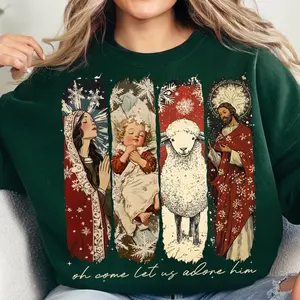 Vintage Oh Come Let Us Adore Him Unisex Sweatshirt, Retro Jesus Christmas Shirt, Nativity Scene, Christmas Cross, Bible Verse, Christian Christmas, Xmas Season, For Men and Women
