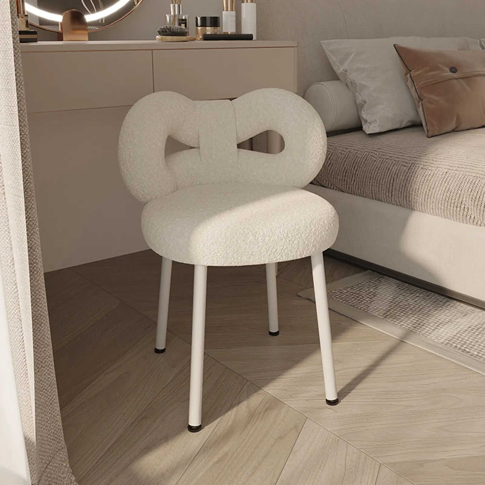 Makeup Chair  Vanity Stool with Bowknot Backrest Living Room Women Girls Bedroom Makeup Chair Adjustable Foot Pads Armless Dressing Chair Side Table Seat