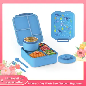 Kids Bento Lunch Box Set With 8oz Soup Thermo, Leakproof Lunch Containers with 5 Compartment, Thermo Hot Food Jar and Insulated Lunch Bag, BPA Free,Travel, School -Blue and Pink