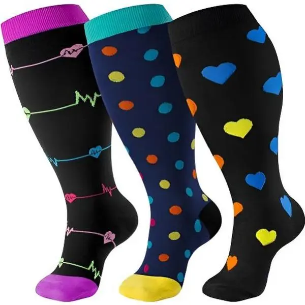 Women's Plus Size Over-the-Knee Compression Socks (3-Pack) - Nylon Blend, Moisture Wicking, Breathable, Lightweight, Comfortable, Colorful Floral Pattern, Wide Calf, Casual Daywear & Party Use, Outfit Matching, Plussize Socks for Women, Compression Socks