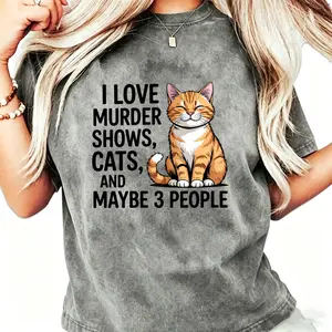 Vintage Washed Murder Show and Cat Title T-Shirt - Fun Internet Title T-Shirt, Humorous Theme T-Shirt, Unisex Vintage Style, Cute Gift for Girlfriend, Gift for Boyfriend, Women's Fun T-Shirt Graphic Munson Eddie