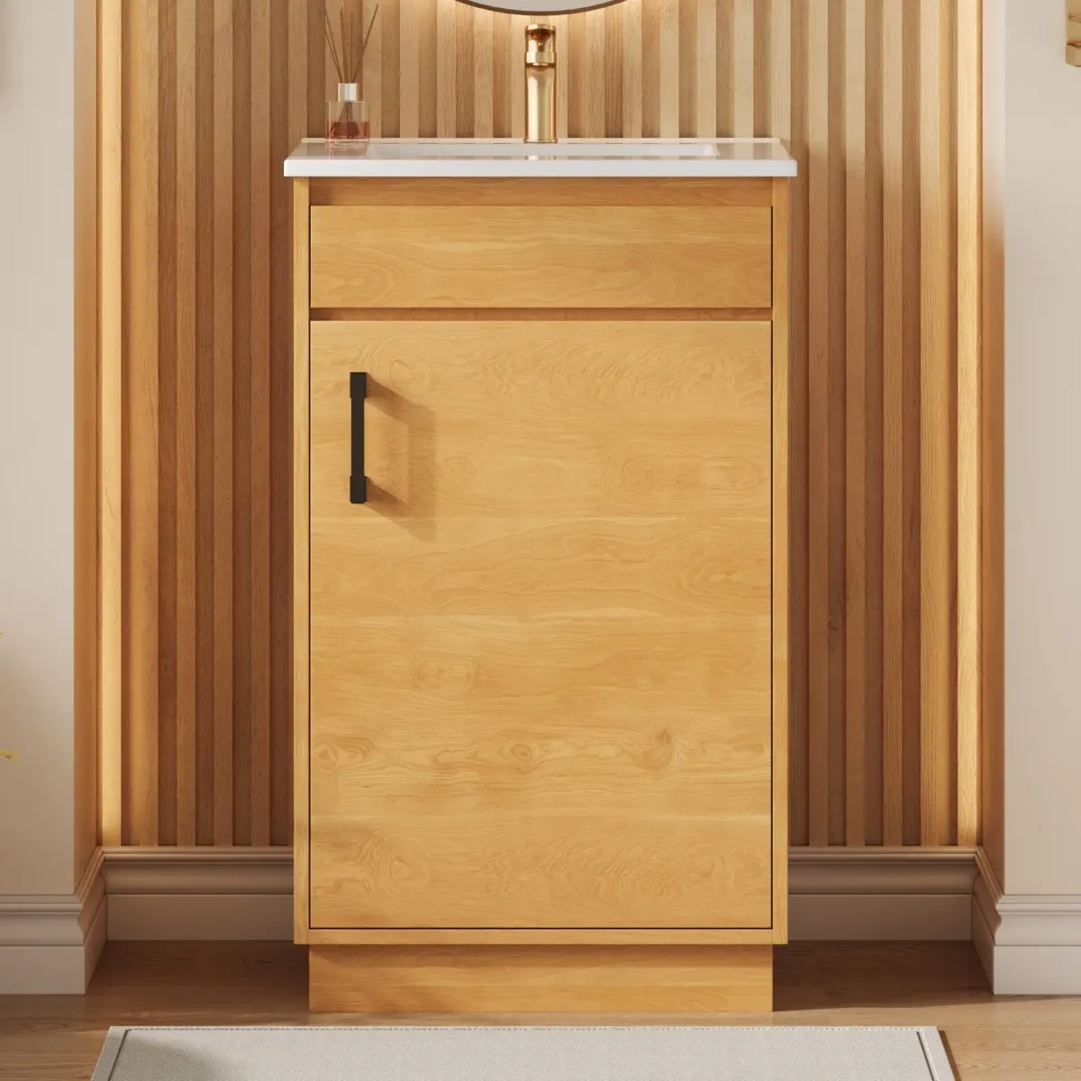 20-inch Bathroom Vanity with Ceramic Sink, Freestanding Single Vanity Set with Soft Closing Door, Adjustable Shelf, Farmhouse Style, Natural Wood.