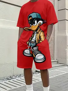 Street Cool Duck Red Tone Printed 3D Digital Printed Two-piece Set, 2Pcs, Trendy Fashion Suit, Trendy Retro Casual Two-piece Outfit, Vacation-style Trendy Wear, Breathable Sports Casual Style, Perfect Holiday Gift for Men, Clothes, Menswear