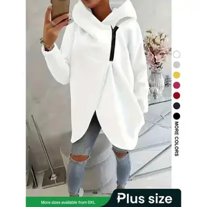 Women's Plus Size Hooded Sweatshirt, Full Zip Fashion Design, Asymmetrical Hem, Breathable Thick Fleece, Loose Fit Long Sleeve Pullover, Fleece Hoodie
