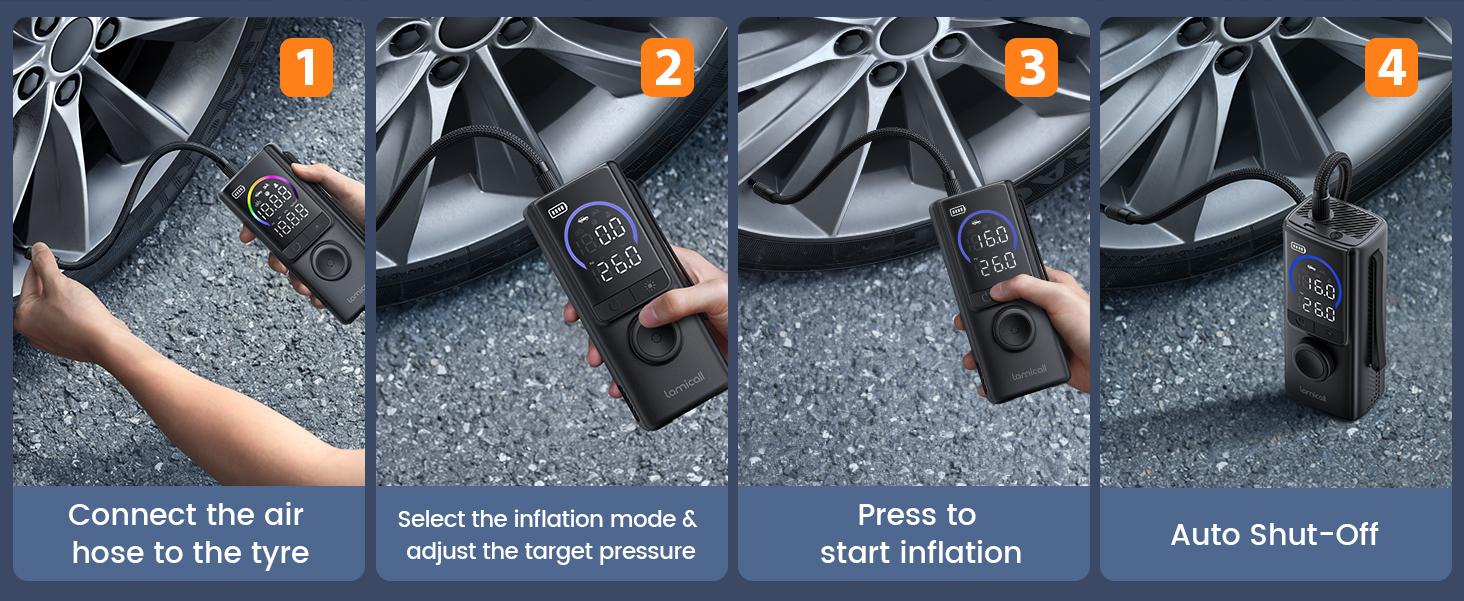 Lamicall 3in1 Portable Car Tire Inflator  - [150 PSI ] [4X Faster]Air  Compressor,Cordless Car Air  Pump with Rechargeable  Battery, Digital Display  Pressure Gauge,LED Light,  for Cars, Motorcycles,  Bike, Ball