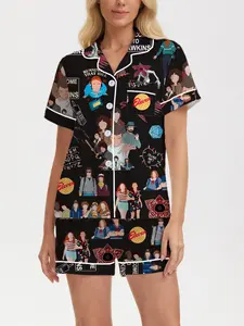 Women's Sleepwear Set Pajamas, Short Sleeve Lapel Button Soft Top & Elastic Shorts, Casual Home Wear, Comfortable Daily Print
