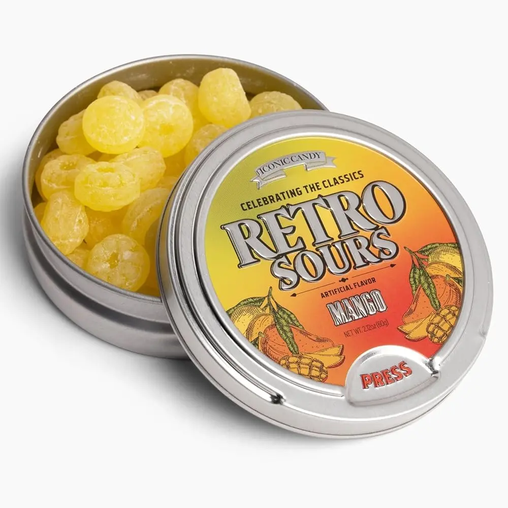 Retro Sours Mango Hard Candy (1 - 2.12oz Tin) – Tangy Sour Candy Tin, Classic Fruit Candy, Nostalgic Retro Treat