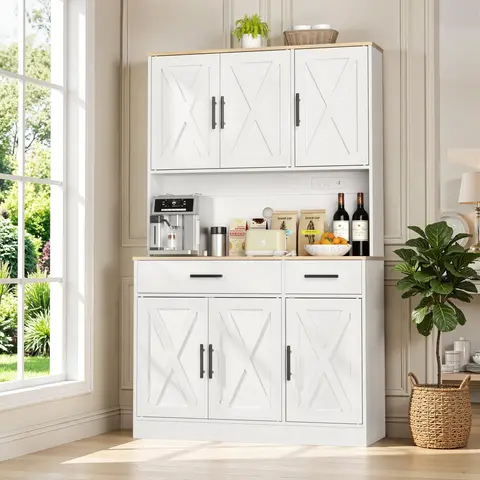 [2-package shipping] Walsunny Tall Pantry Cabinet with Charging Station, 6 Cabinets and 2 Drawers Kitchen Buffet Sideboard Cabinet Entryway Coffee Bar Cabinet with Microwave Stand, Farmhouse Kitchen Hutch with Storage Drawers for Dining Room, White