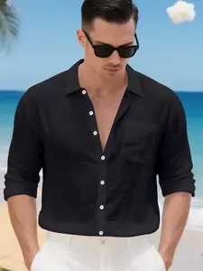 Men's Linen Textured Long Sleeve Shirt, Collared Single Pocket Casual Blouse, Breathable Loose Fit Daily Commute Outerwear