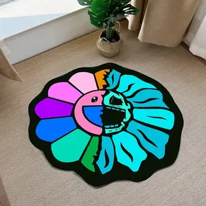 Colorful Irregular Cartoon Smiley Skull Floral Print Large Area Rug, Modern Creative Fashion Street Art Washable Plush Carpet, Floral Shaped Rug, Fluffy Rugs