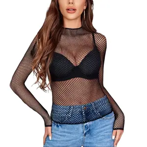 Avidlove Women's Fishnet Mesh Long Sleeve Mock Neck Sheer Lace See-Through Blouse Bodycon Clubwear Party Tops Casual Breathable Fabric