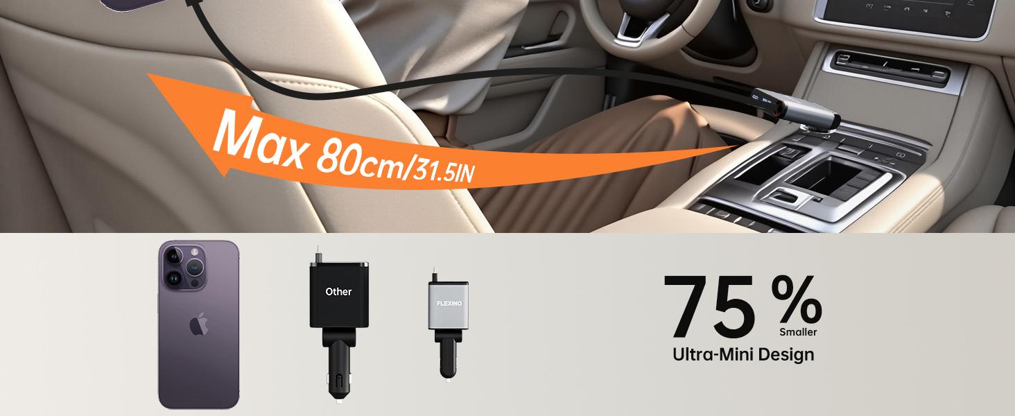 Flexino Ultra-Slim Retractable Car Charger for iPhone 16 63W Fast Charging USB C Adapter with 2.6ft Cord Compatible with iPhone 17 15 Series Galaxy Pixel Grey Port