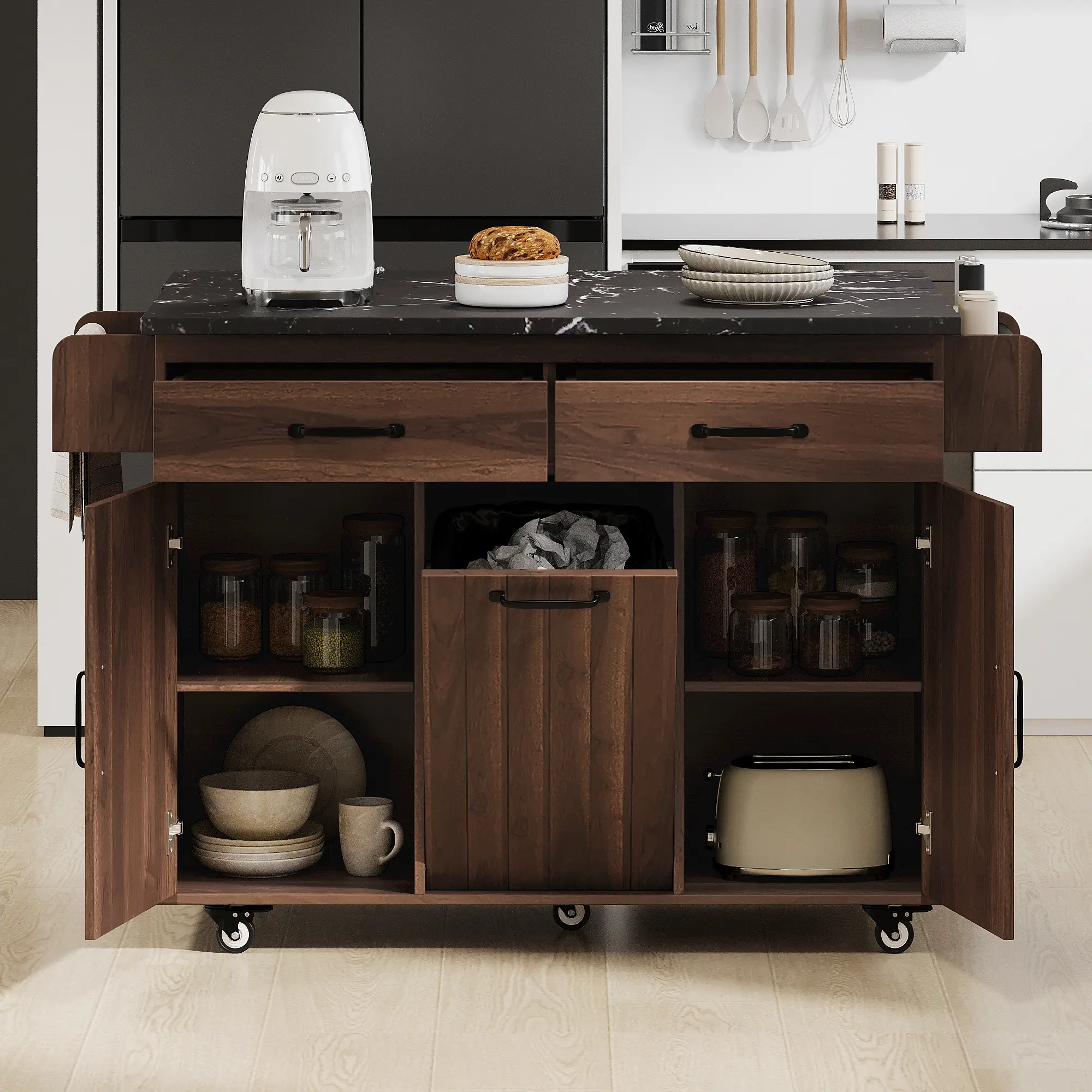 Walnut Farmhouse Rectangular Mobile Kitchen Island Cart - Single Unit Rolling Wheels Utility Table with Trash Can Storage Cabinet, Drop Leaf, Spice Rack, Towel Rack, Drawer & Adjustable Shelf, Mobile Cart