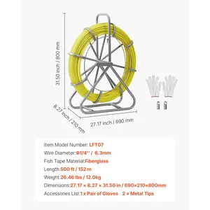VEVOR Fish Tape Fiberglass, 500FT 6.3MM, Duct Rodder Fishtape Wire Puller with Stand, 1/4-Inch Cable Running Rod, Marked Every 5 Feet, Fishing Tools for Walls and Electrical Conduit, Non-Conductive