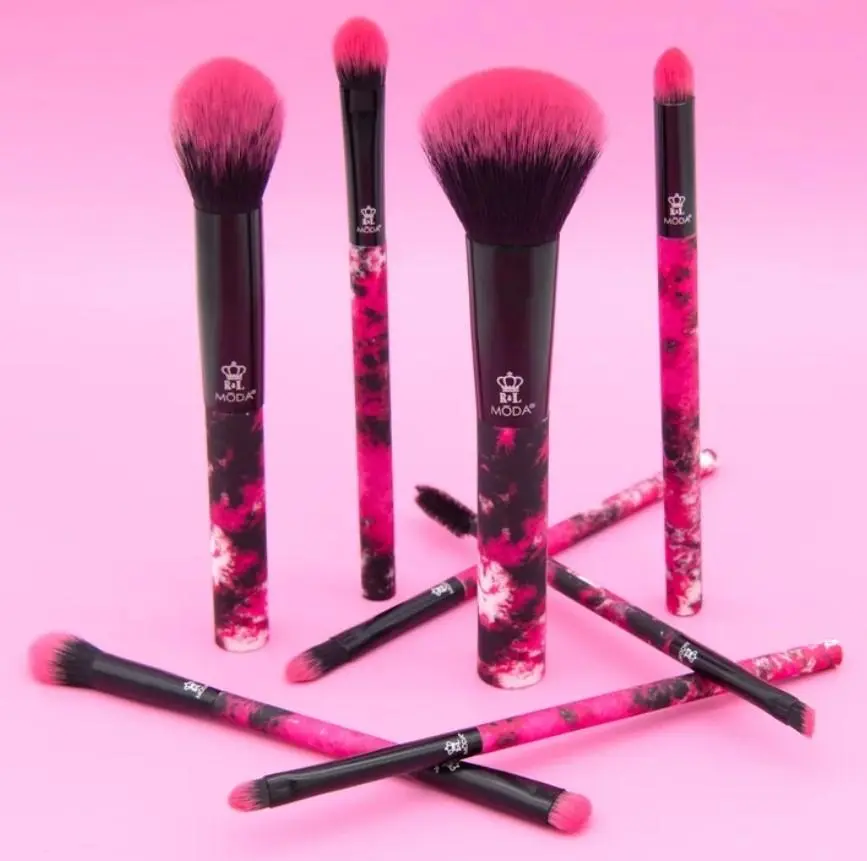 MODA Neon Pink Tie Dye Makeup Brushes Set - 8-Piece Travel-Size Beauty Tools, Soft Synthetic Filament Bristles, Wet-Dry Use, On-the-Go Touch-Ups