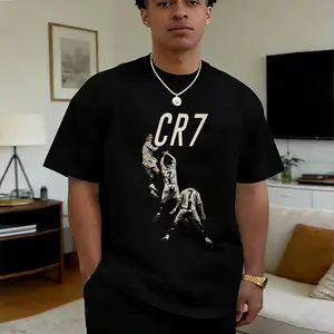 Men's & 's Ronaldo-Inspired CR7 Logo Design T-Shirt - White 'R' & '7' Lettering, Breathable Polyester Knit, Casual Round Neck Short Sleeve Tee for Fans, Casual Attire & Apparel High quality casual t‑shirt | daily outfit