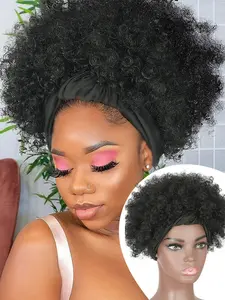 Kinky Curly Wig Afro Headband for Women, Short Hair Afro Curly Natural Afro Wig, Synthetic Afro Curly Headband Wigs, Natural Half Wig