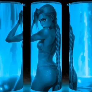 Glow in the Dark Jinx in Pink Bikini Anime Arcane League of Legends Cup Mug Tumbler 20oz with Lid & Straw, Stainless Steel, Lightweight Design for Hydration - Reusable, Stylish