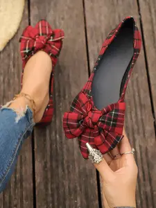 Women's Gingham Casual Flat Shoes, Bow Decor, Pointed Toe Slip-On, Comfortable Lightweight, Fashion Durable Daily Wear, Spring & Fall, Walking Shoes
