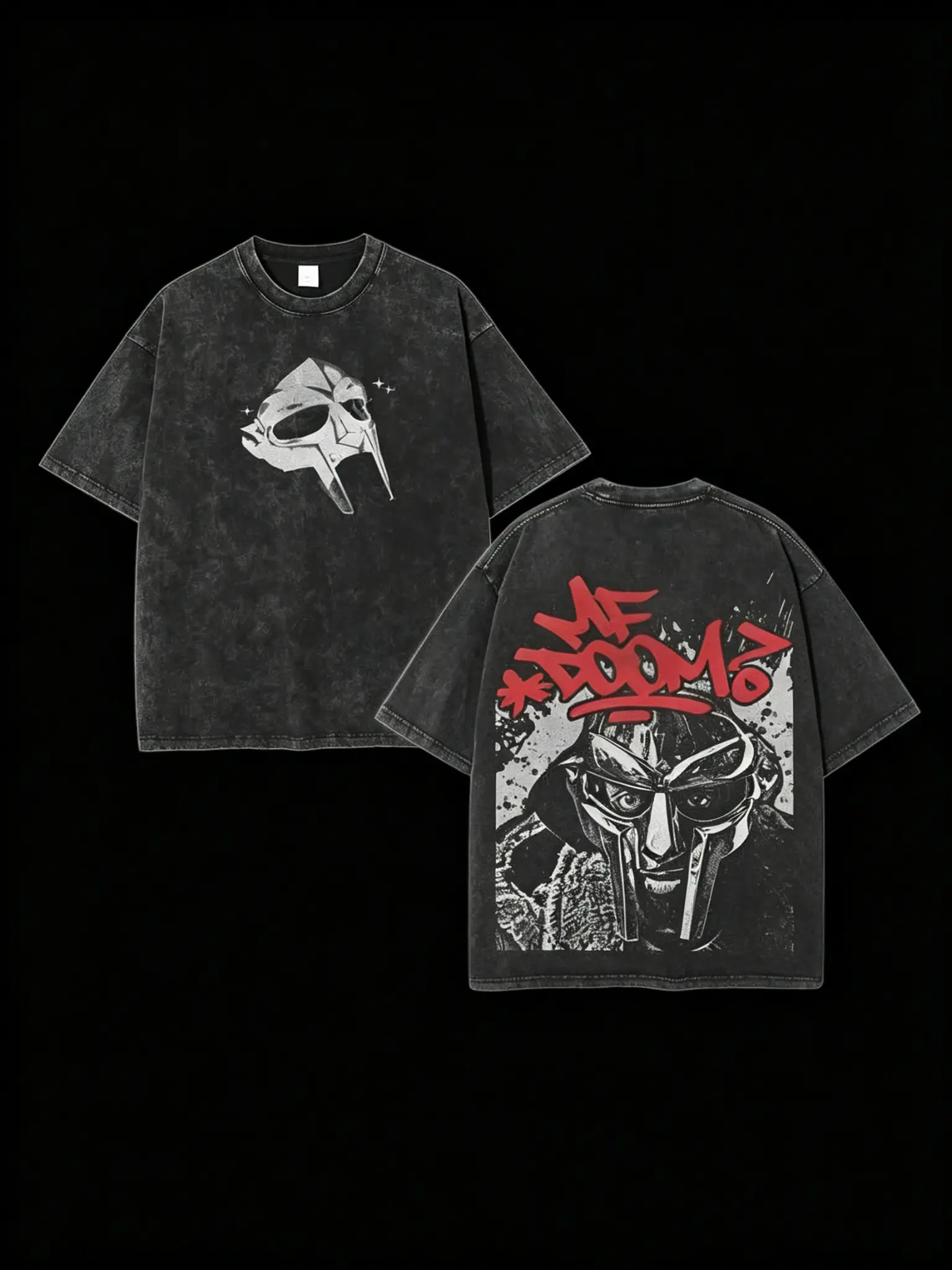 Acid Wash Vintage T-Shirt with Double-Sided MF Doom Mask Graphic - Unisex Oversized Casual Shortsleeve Heavy Cotton Hip Hop Top, Tshirt, Relaxed Fit, Men's T Shirts, Graphic Shirts