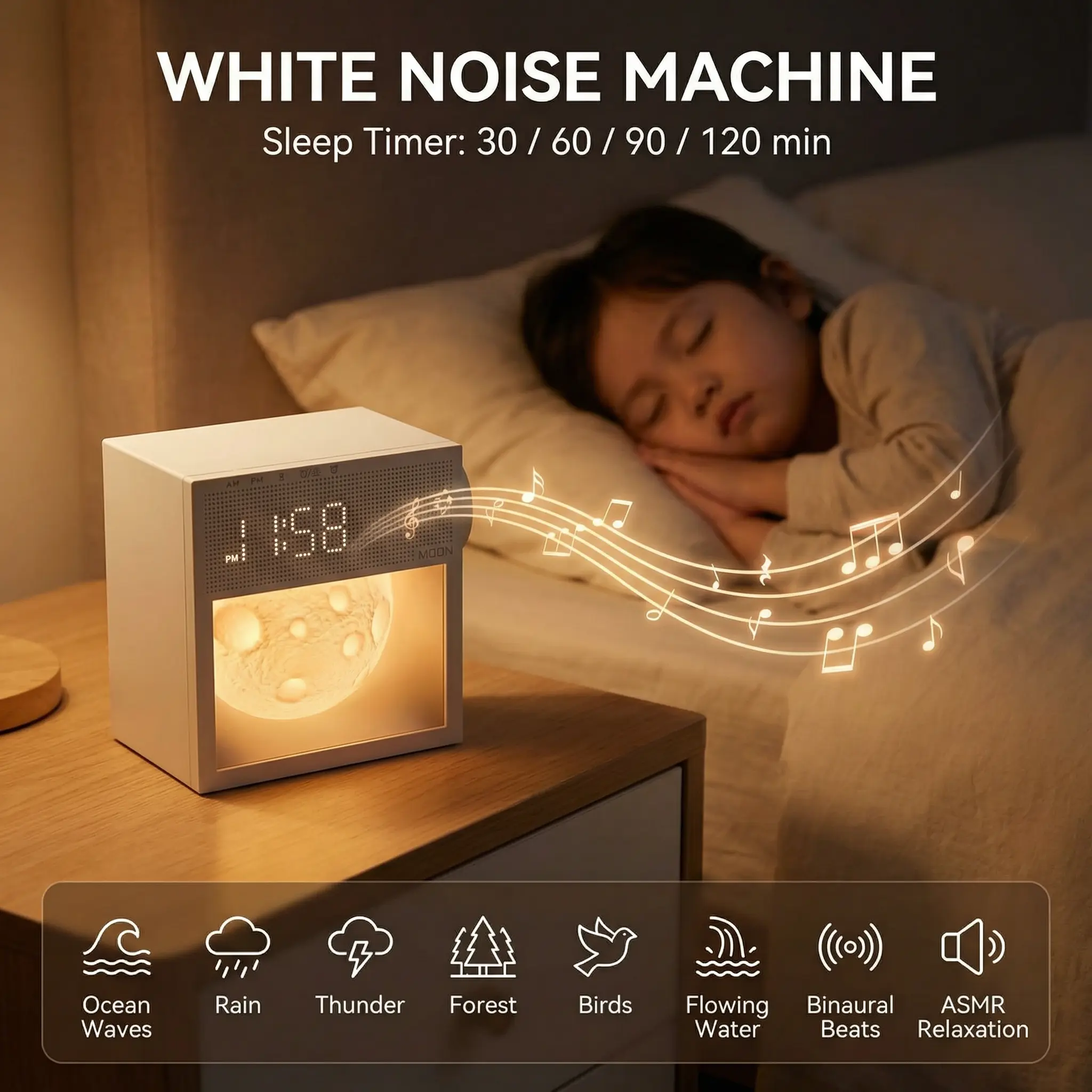 3D Moon Night Light Alarm Clock, 20 White Noise Sounds, Dual Alarms, Snooze & Dimmable Warm Light for a Cozy Bedside Setup