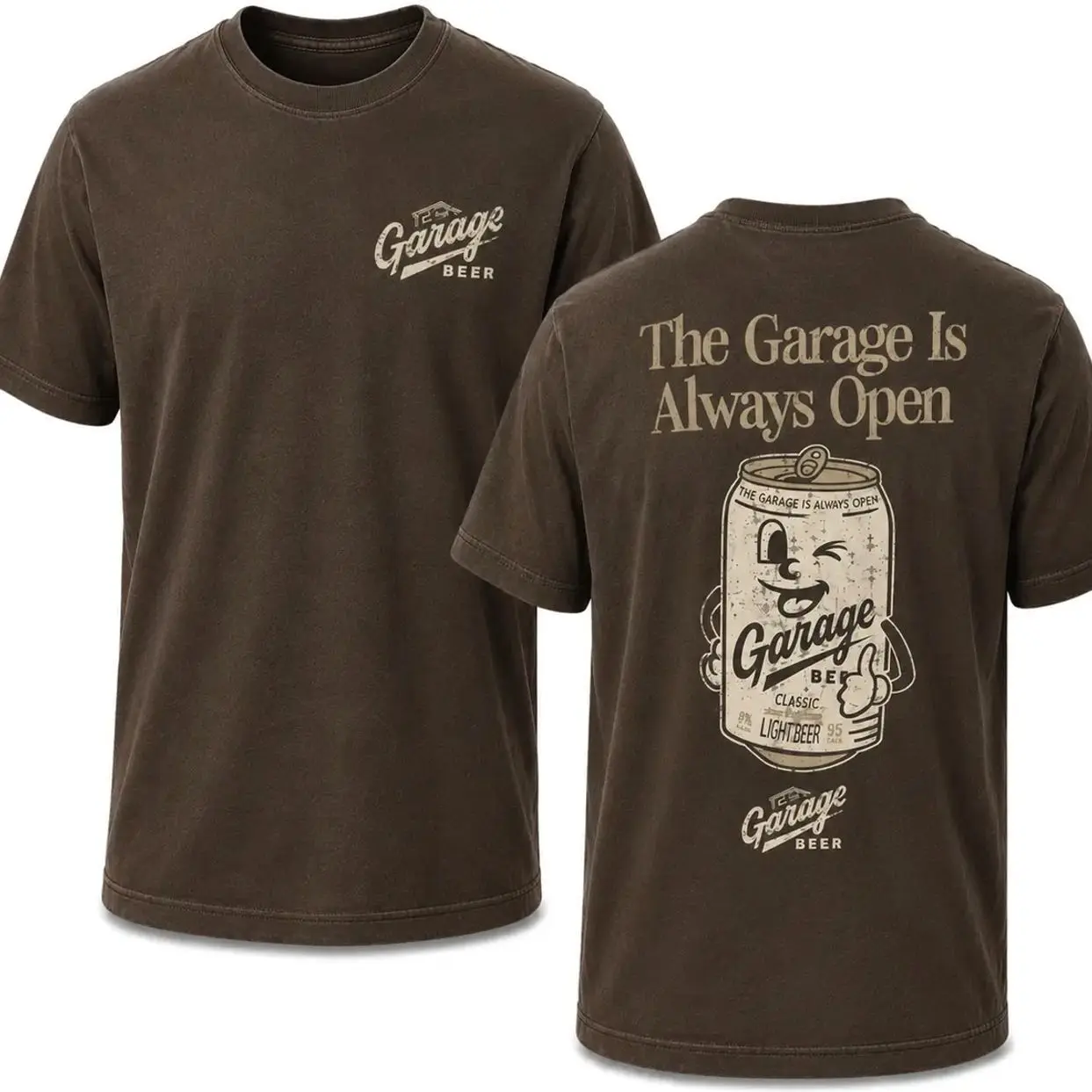 Garage Beer Vintage Graphic T-Shirt, The Garage Is Always Open Retro Beer Can Tee, Funny Drinking Shirt, Double Sided Beer Lover Graphic Tee, Casual Party Apparel Gift for Men and Women VV
