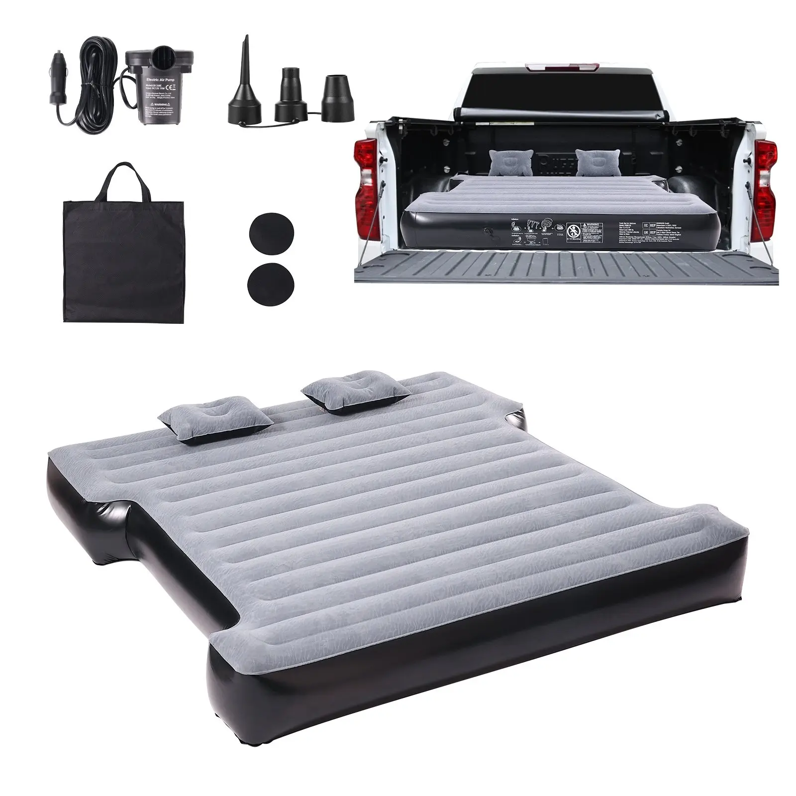 Truck Bed Inflatable Mattress – for 5.5-5.8 ft Full Size Short Truck Beds, Camping Use with 12V Air Pump, 2 Pillows & Carry Bag, 600 lbs Capacity, Pattern Embossed Flocking PVC, Fits Silverado, RAM, F Series, Sierra, Titan, Tundra, 66.93"x63.31"x9.84"